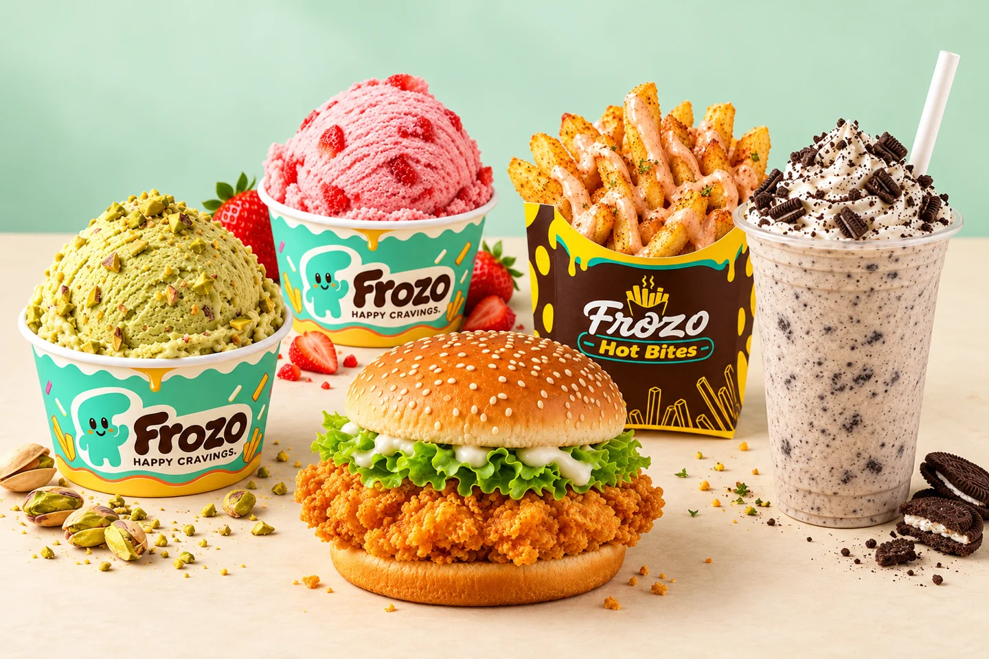 Frozo ice cream, Oreo shake, crispy chicken burger and fries